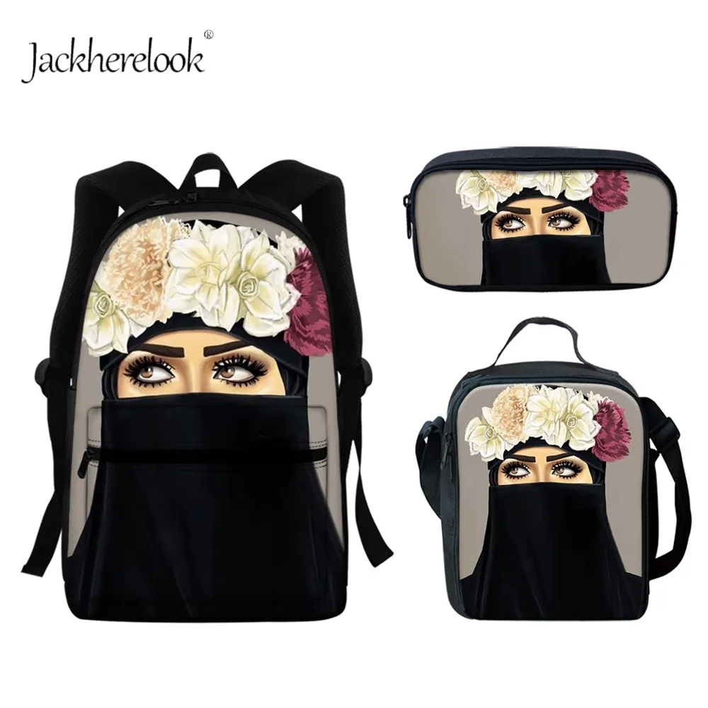 

jackherelook Fashion Girls Shoulders Bags Set Hijab Face Muslim Islamic Gril Eyes Design Student Backpack Teenagers School Bags