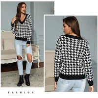 2021 Autumn Winter Jersey Houndstooth Knitted Sweater Long Sleeve Sexy V-neck Pullover Sweaters for Women Top Loose Jumpers