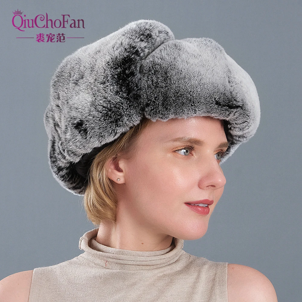 2020 Winter Ski Hat Russian Hat Men Women Warm Earmuffs Thicken Ear-flapped Hat Rex Rabbit  Fur Lei Feng Cap Bonnet