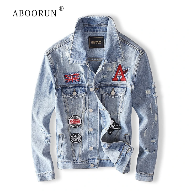 Мужская джинсовая куртка ABOORUN Hi Street Облегающая в стиле пэчворк уличная одежда для