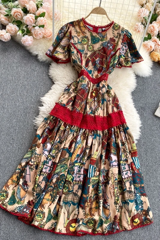

Women's 2021 Vintage Printed O Neck Party Dress Summer Elegant Short Sleeve A Line Midi Dress Ladies Streetwear High Waist Dress