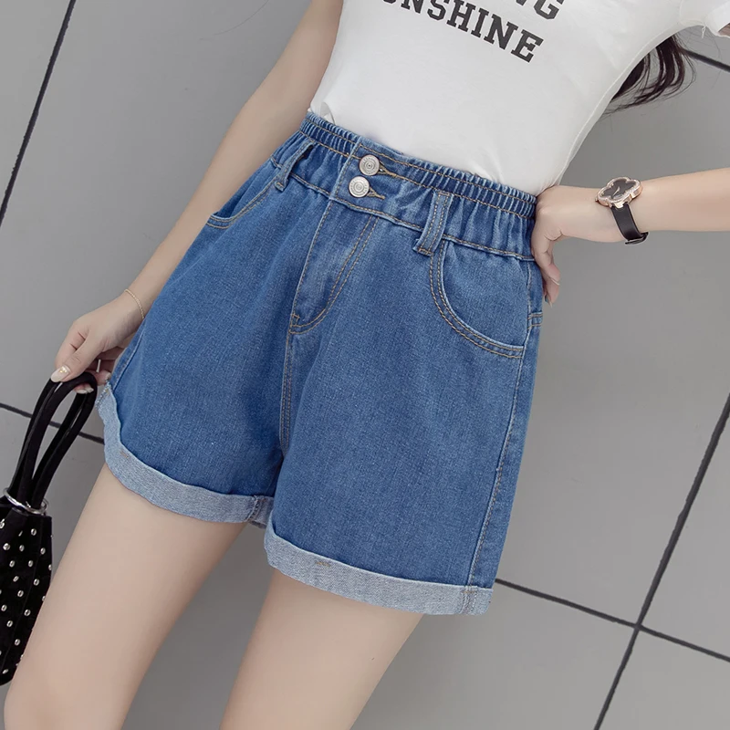 

Cotton Elastic High Waist Denim Shorts Women Summer Fashion Double button Fly Ladies Casual Black Blue Wide Leg Loose Hot Shorts