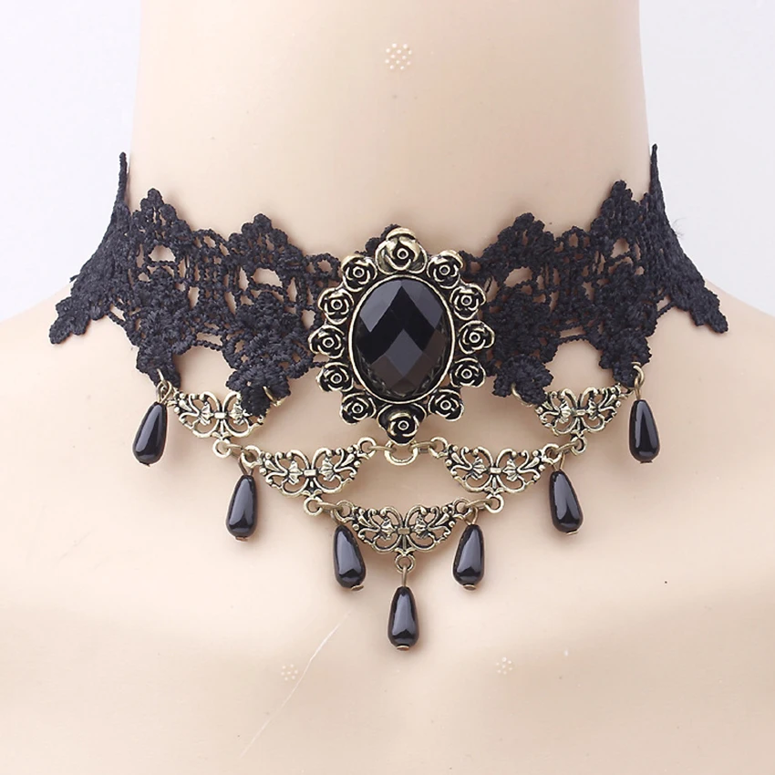 

New Fashion Exaggerated Black Lace Retro Flower Tassel Collar Necklace Halloween Party Stage Performance Clothing Accessories