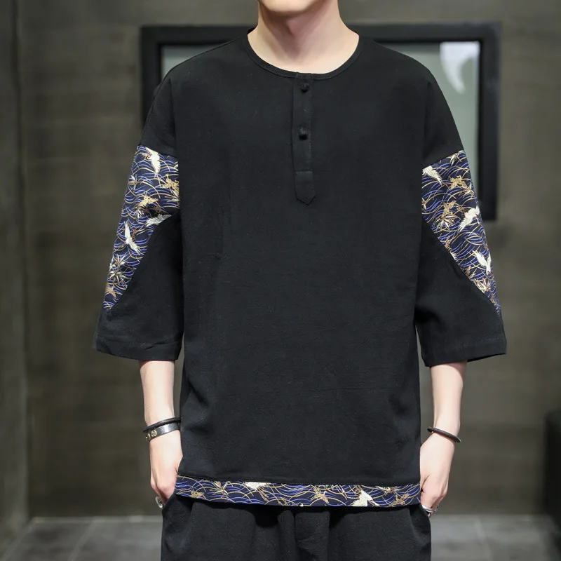 Мужская Летняя свободная футболка в китайском стиле с коротким рукавом |