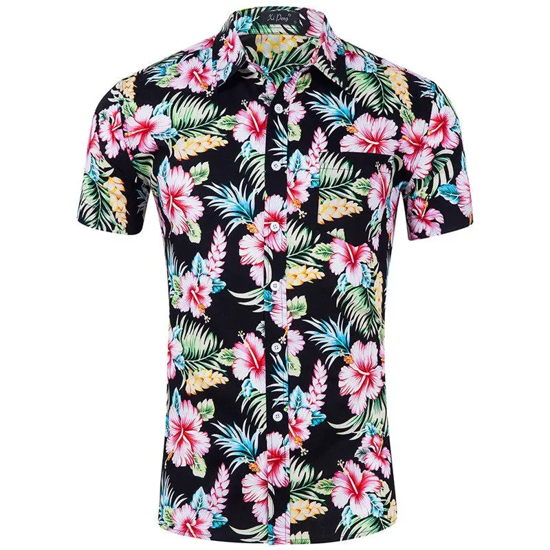 

Flower Print Hawaiian Shirt Men Nice Brand Pop 100% Cotton Slim Fit Short Sleeve Shirt Men Casual Beach Shirts Camisas Hombre