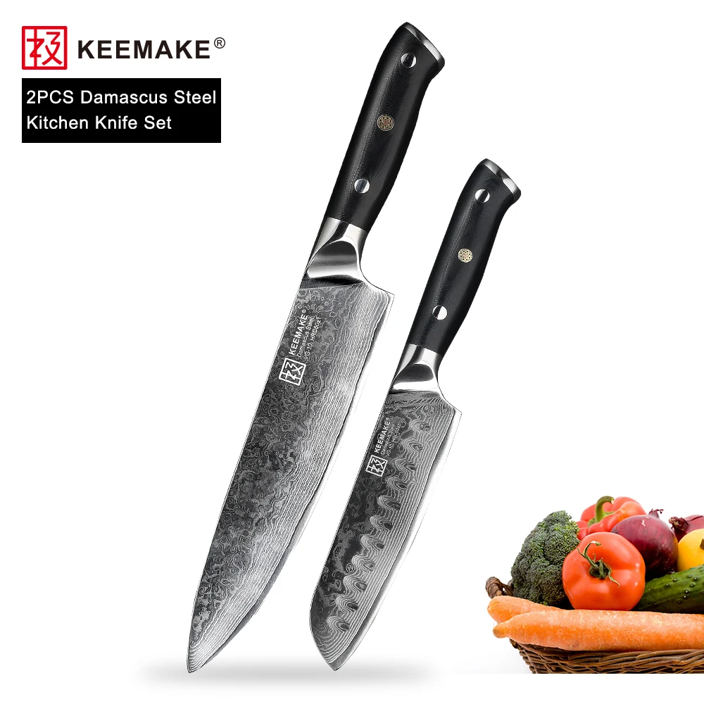 

KEEMAKE 2PCS Kitchen Knives Set 8" Chef 5" Santoku Knife Japanese Damascus VG10 Steel Razor Sharp Blade Cutting Tools G10 Handle