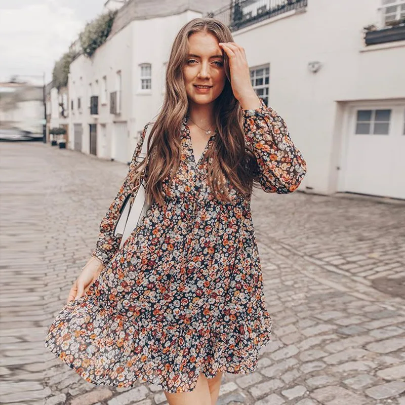 Летнее богемное платье с цветочным принтом женское плиссированное фонарик