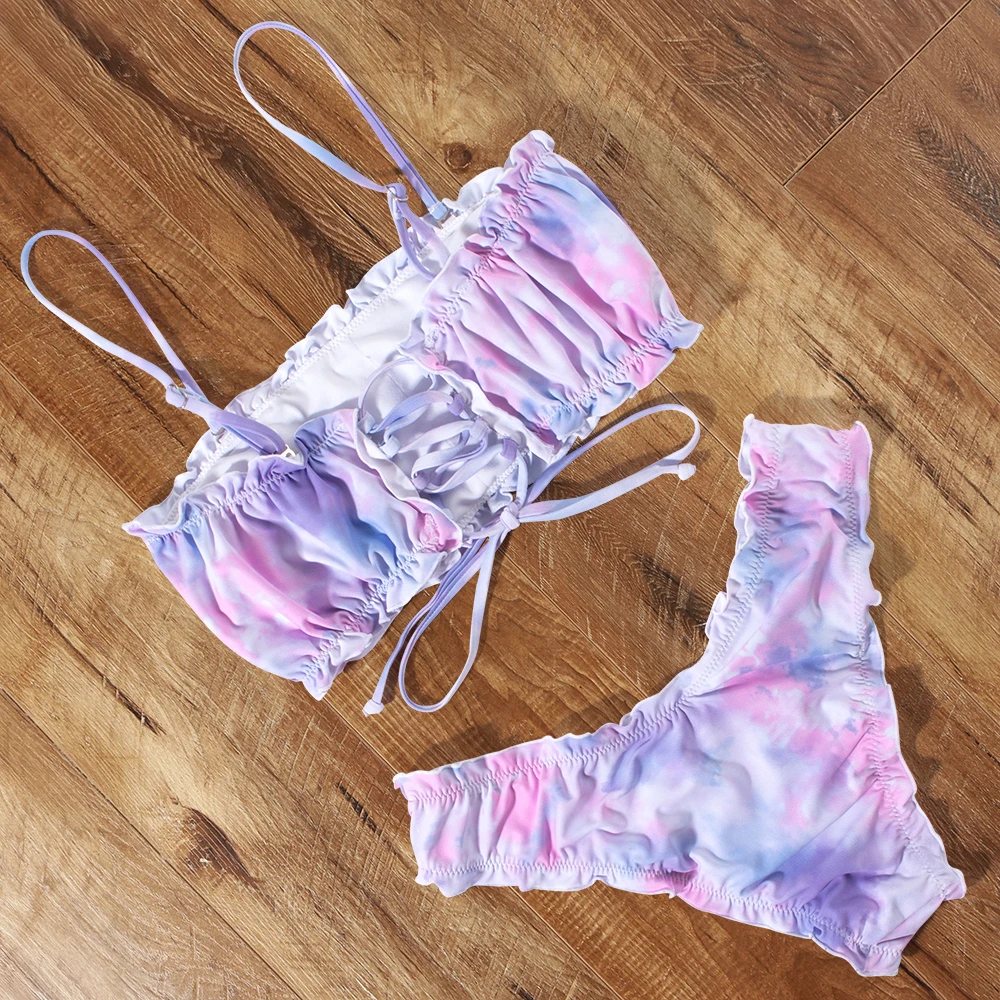 Купальник-бикини женский с принтом тай-дай бандажный купальник оборками и