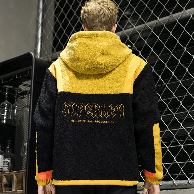 Covrlge Autumn/winter Style New Loose and Large Print Lamb Jacket Hooded Patchwork Color Coat Hip Hop Streetwear MWM101