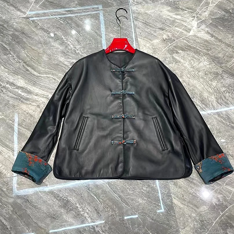 Chinese style Genuine leather women buckle round neck jacket 2021 autumn new printed real sheepskin jacket short streetwear y2k