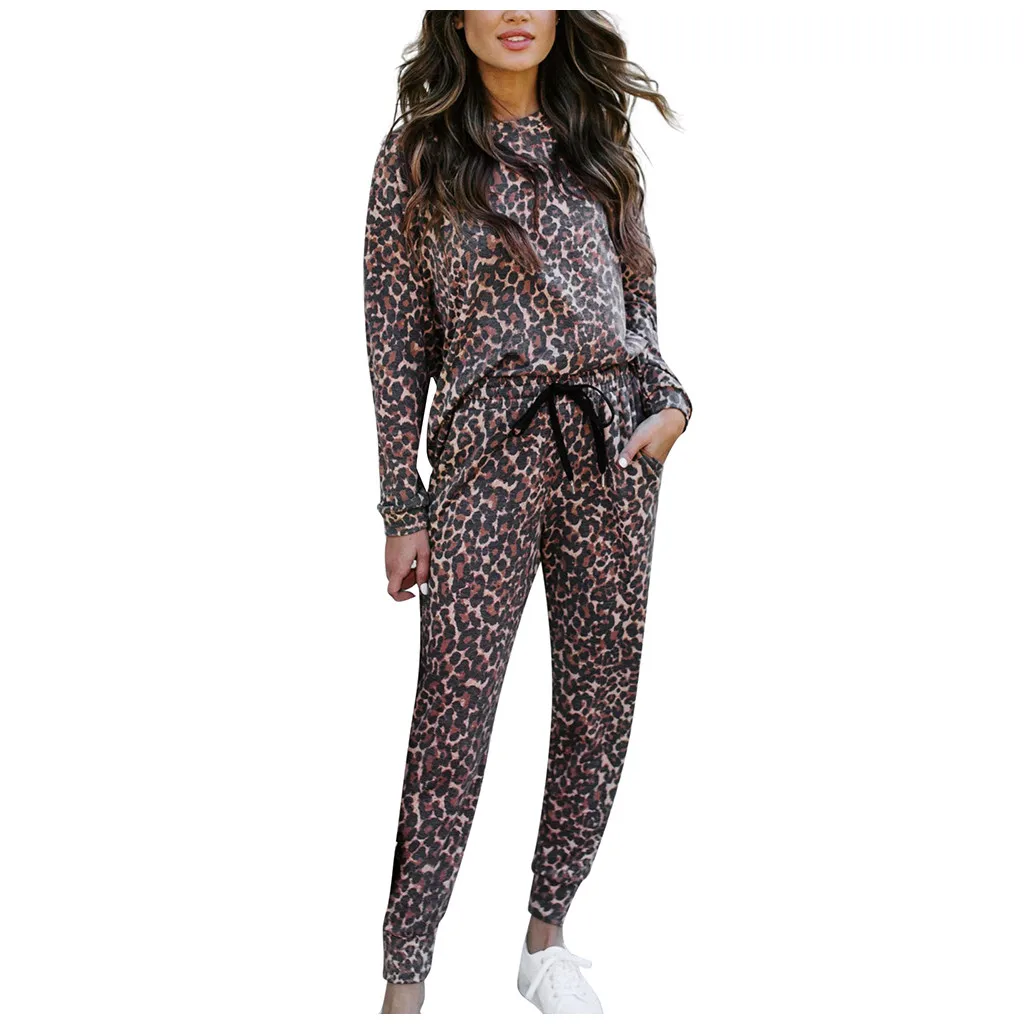 

Women Sport O-neck Tracksuit Fashion Leopard Pants Sets Leisure Wear Lounge Wear Suit Ladies Casual Sweat Autumn Streetwear Suit