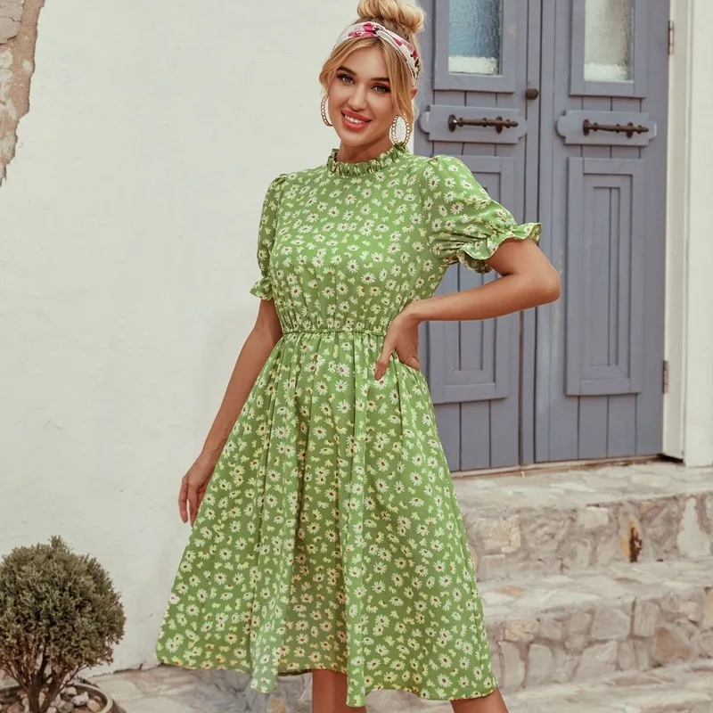 

Boho French Vintage Stand Collar Dress Elegant Women Fashion Floral Waist Hugging Ruffles Short Sleeve New Female Summer Dress