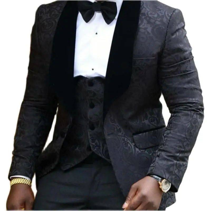 Handsome White/Black/Red Paisley Groom Tuxedos Velvet Lapel Men Business Suit Cocktail Dress (Jacket+Pants+Vest+Tie) W:299
