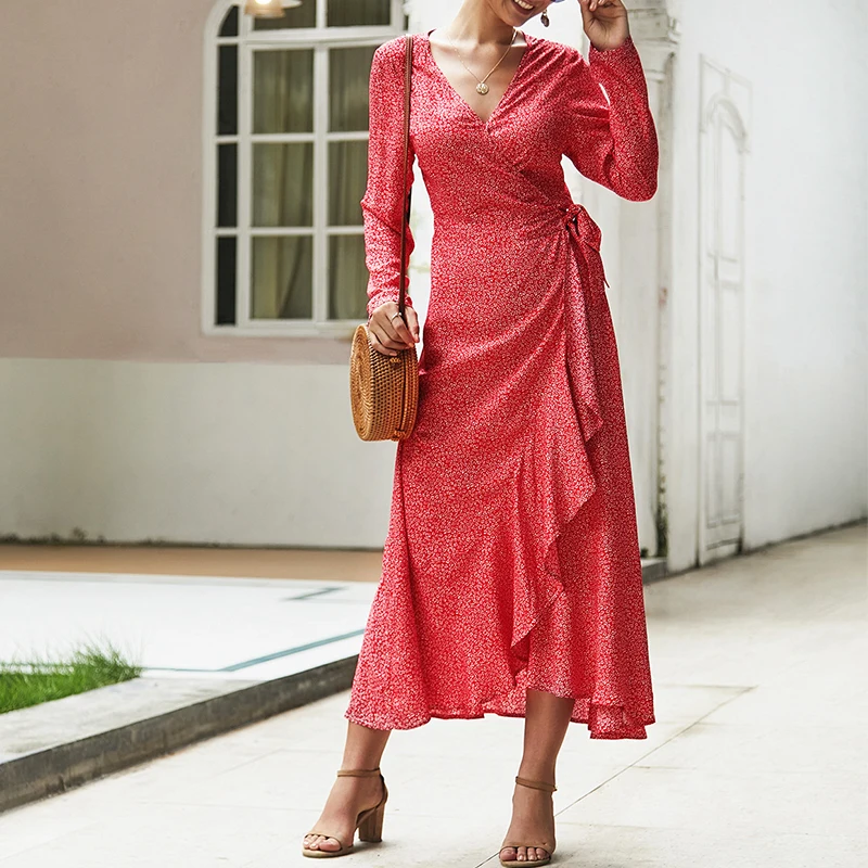 Женская Осенняя коллекция 2019 женское красное платье с принтом Женское зимнее