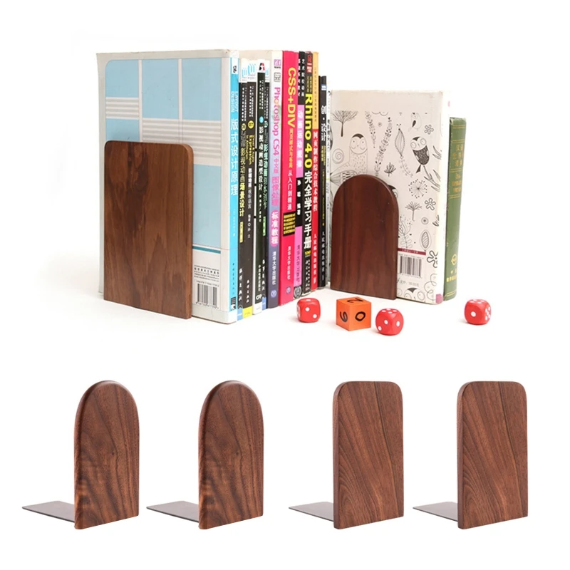 

2Pcs Hand Crafted Wooden Bookends with Metal Base Heavy Duty Walnut Book Stand