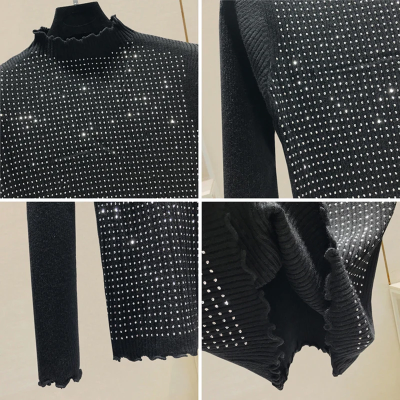 Женский трикотажный свитер с оборками и бисером однотонный эластичный пуловер