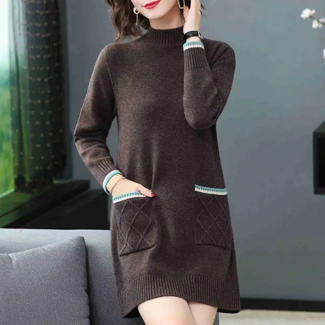 

Осенне-зимнее Свободное длинное плотное вязаное платье-свитер, модное женское теплое прямое мини-платье с длинным рукавом и высоким воротником, K187