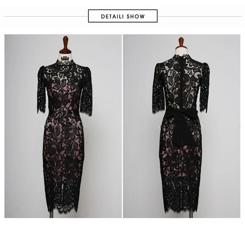 

Spring New Korean Ladies Slim Knee-Length Lace See-Through Bodycon Sexy Full Lace Party Dress Women