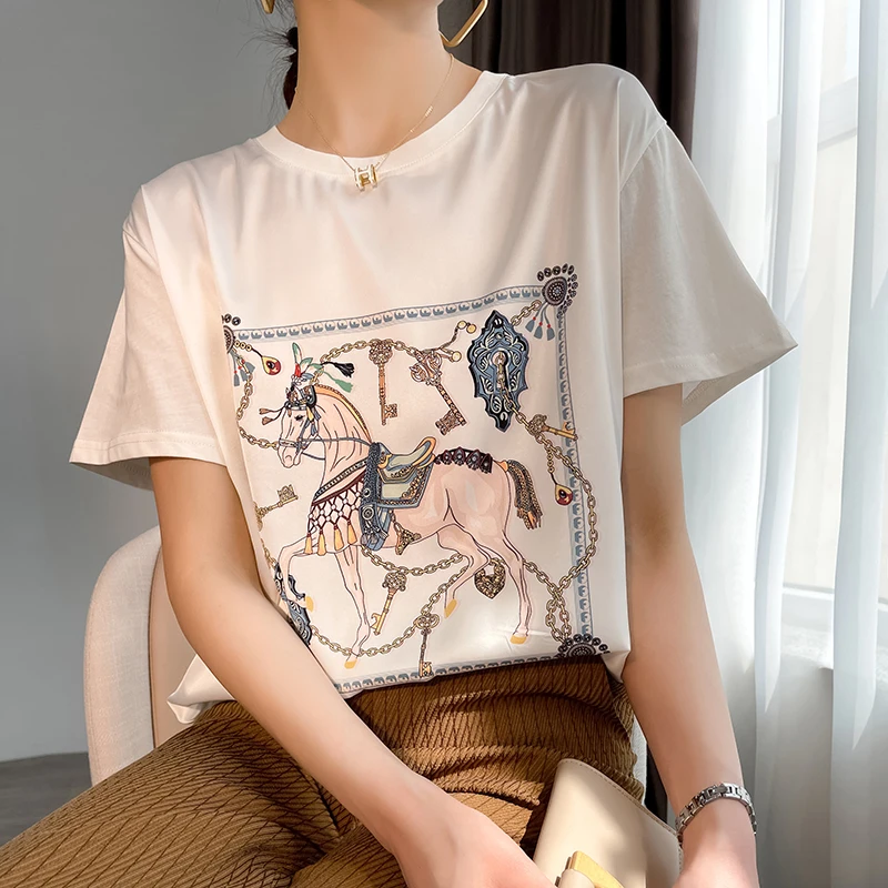 Новая Летняя шелковая атласная футболка с коротким рукавом принтом тутового