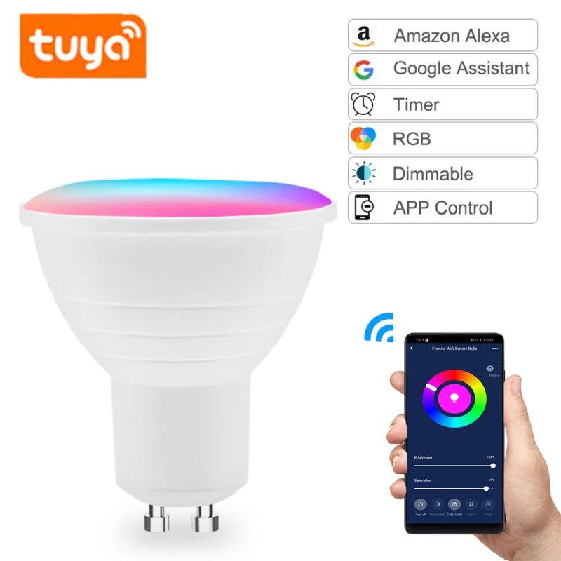 

Tuya Wifi Light Bulb Gu10 Spotlight 6W Lamp RGB+CW Smart Home Timing Wireless Remote Control Work With Alexa Google Home