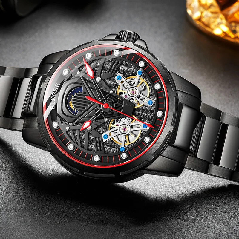 Часы наручные BINGER мужские с двойным турбийоном водонепроницаемые спортивные со