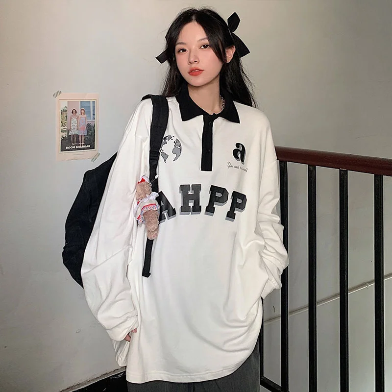 

Американская Ретро рубашка-поло, свитер, женский свободный стильный тонкий студенческий шикарный ранний Топ