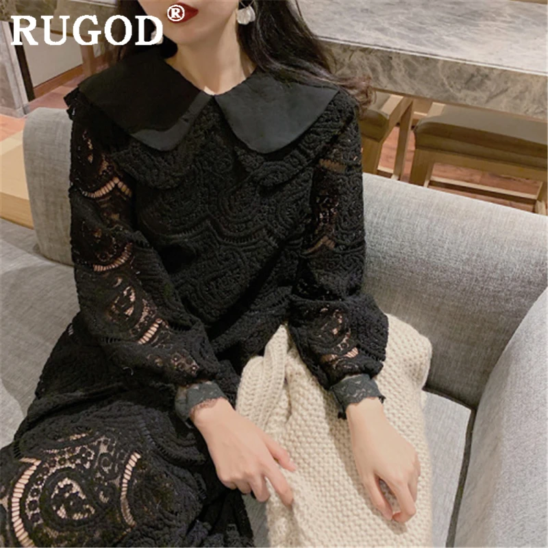 RUGOD элегантное однотонное женское платье с вырезом модное кружевное воротником в