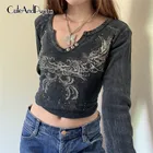 Укороченные футболки в стиле ретро Y2K с графическим принтом, винтажная одежда в стиле Харадзюку, гранж, Сказочная одежда, Осенние Топы в стиле 90-х с V-образным вырезом, cuteandpsy