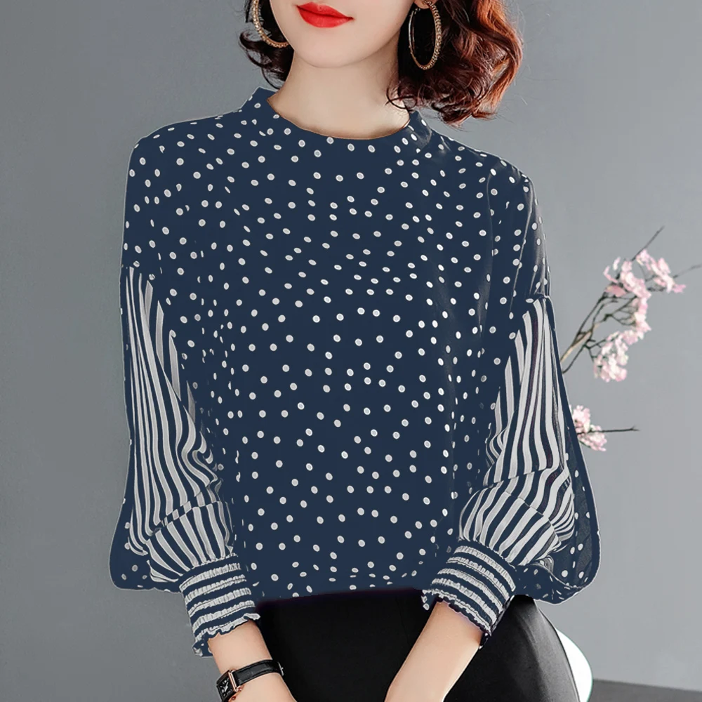 Женская шифоновая рубашка с газовыми волнами и полосатыми рукавами свободная