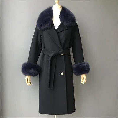 Navy MAOMAOFUR кашемировое шерстяное пальто воротник из натурального Лисьего меха пиджак с манжетами с поясом Зима Осень Женское шерстяное пальто - Цвет: Navy