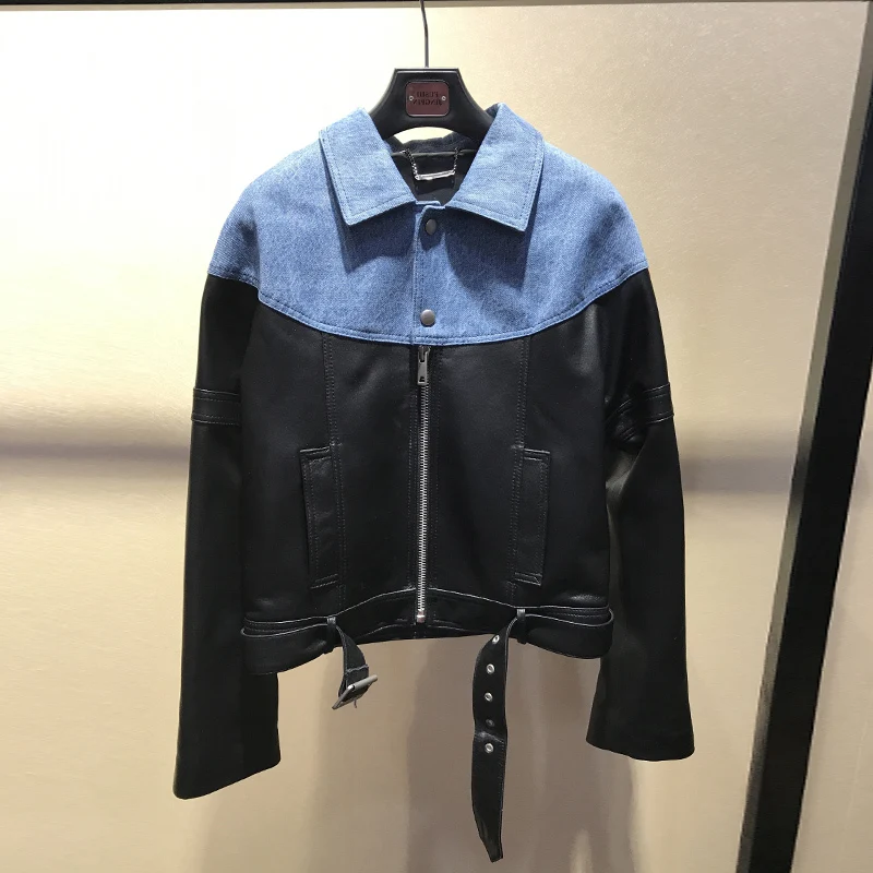 

Стильные женские европейские кожаные куртки, модные весенние байкерские мотоциклетные куртки из джинсовой ткани в стиле пэчворк, G119, 2019