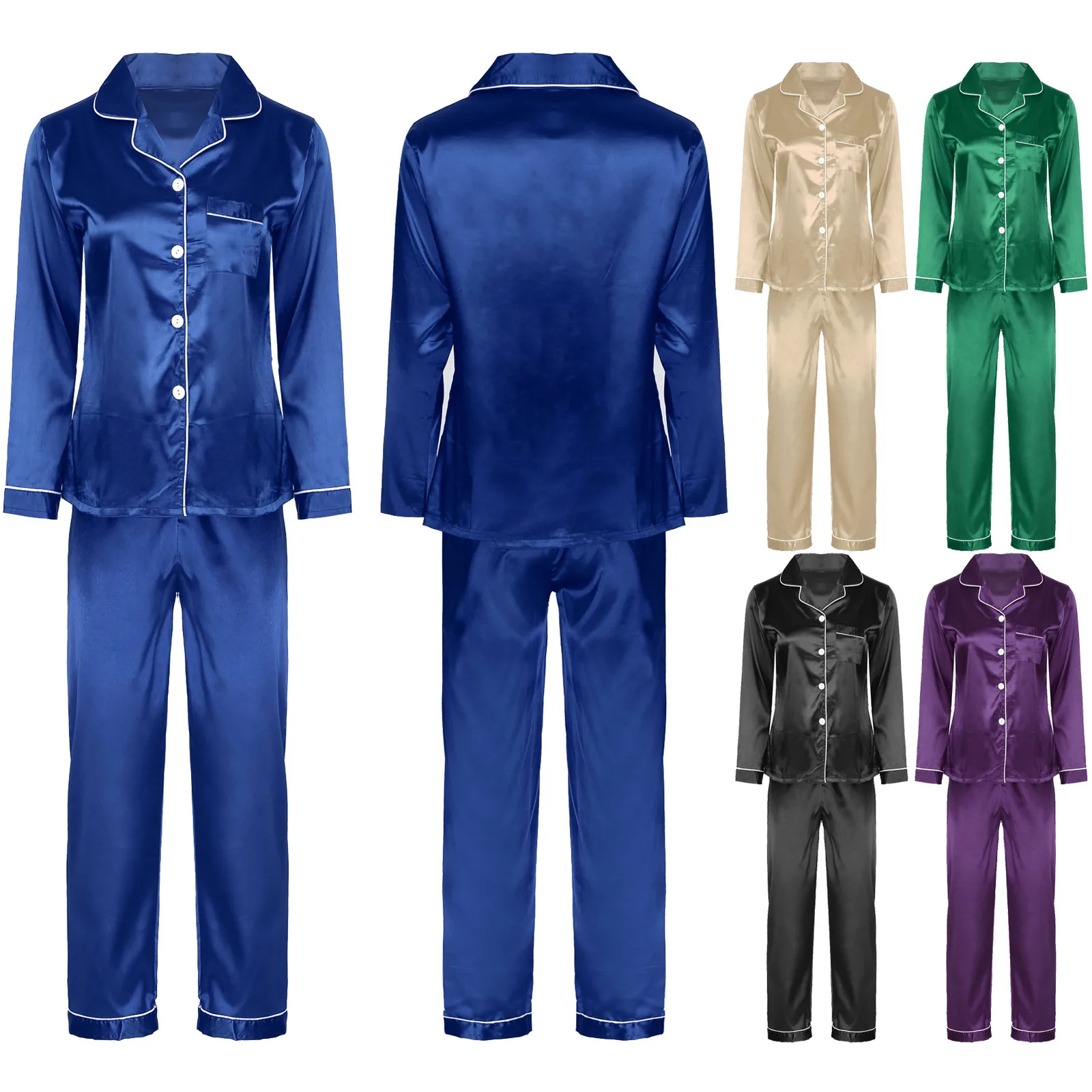 Spring/Autumn Women Sleepwear Long Sleeve Button Down Blouse Shirts Sleep Tops with Pants Satin Pajamas Set Nightwear Loungewear