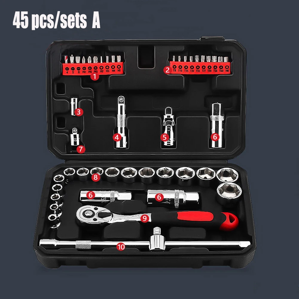 45 pcs sets A Мотоцикл набор инструментов для ремонта автомобиля гаечные ключи трещотка гнездо универсальный шарнир Аппаратный набор инструментов - Цвет: 45 pcs sets A