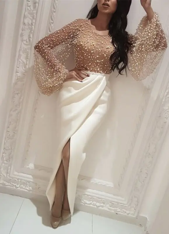 

White Muslim Evening Dresses Mermaid O Neck Long Sleeves Pearls Lace Slit Islamic Dubai Saudi Arabic Long Evening Gown Prom