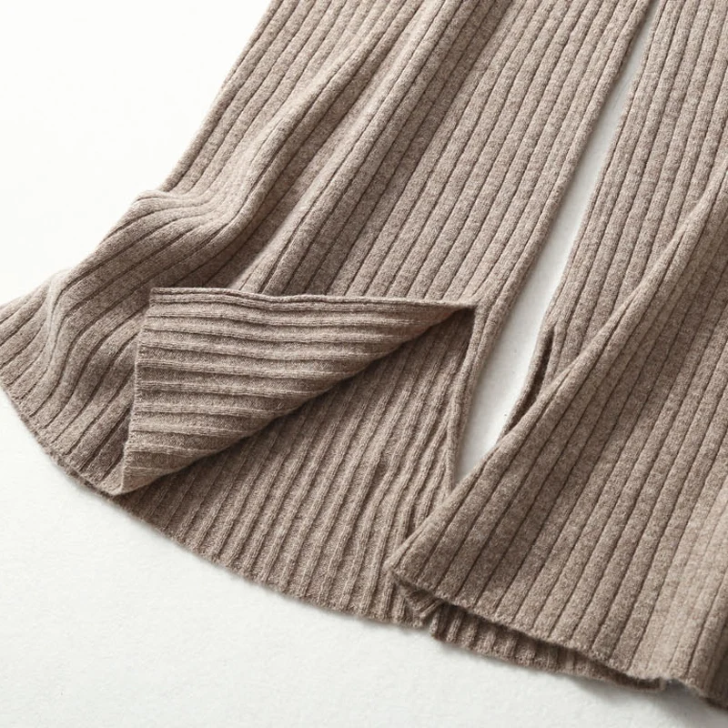 100% Wool Ribbed Knitted Loose Pants Hem Split Full Length All-match Long Trousers Wide Leg Soft Finewool Women Winter Must Have