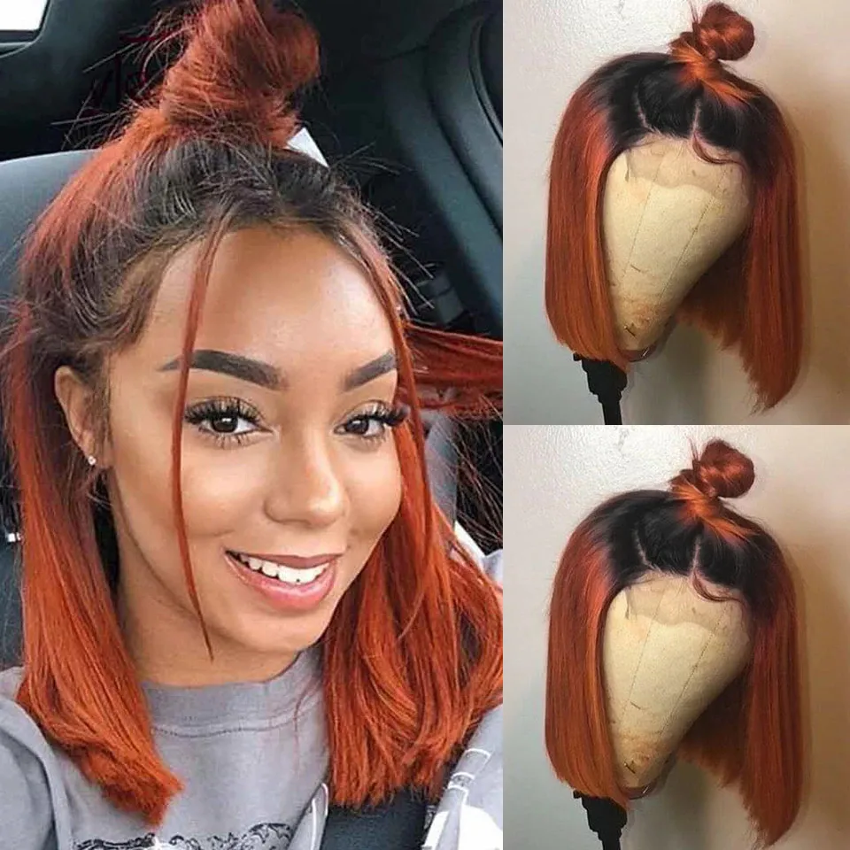 

Ombre Ginger 1B Orange Short Bob Lace Front Human Hair Wigs for Black Women Brazilian Virgin Human Wig 180 Density