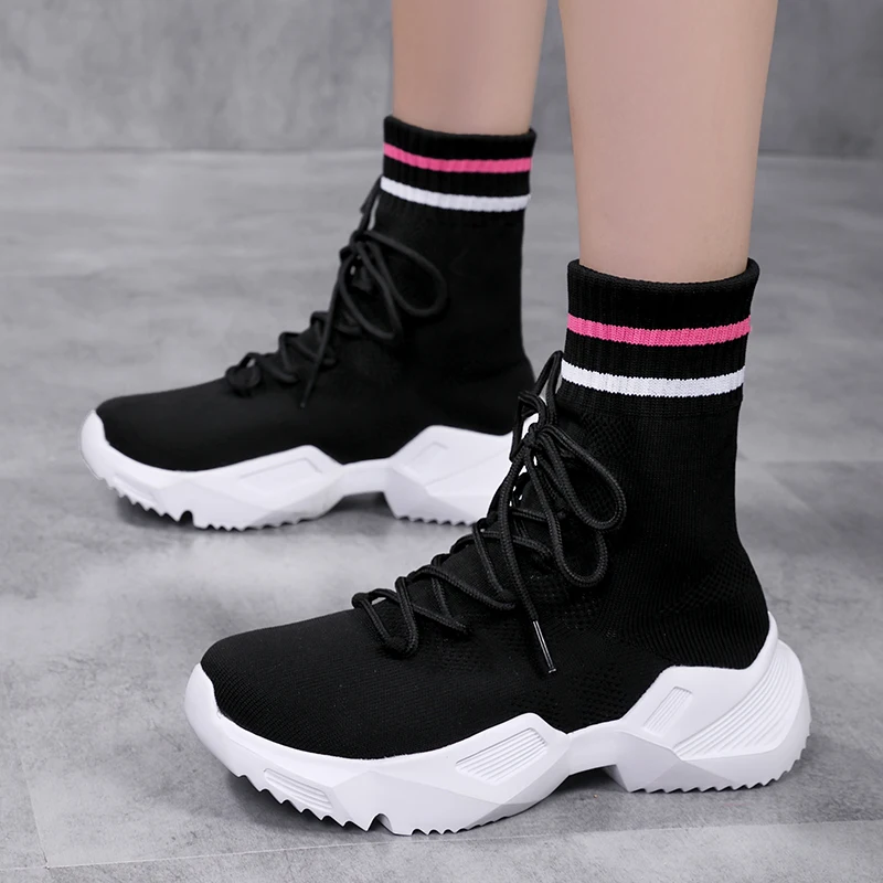 

Женские кроссовки-носки QZ270, дышащие эластичные ботильоны на платформе, Вулканизированная подошва, повседневная обувь для бега, весна