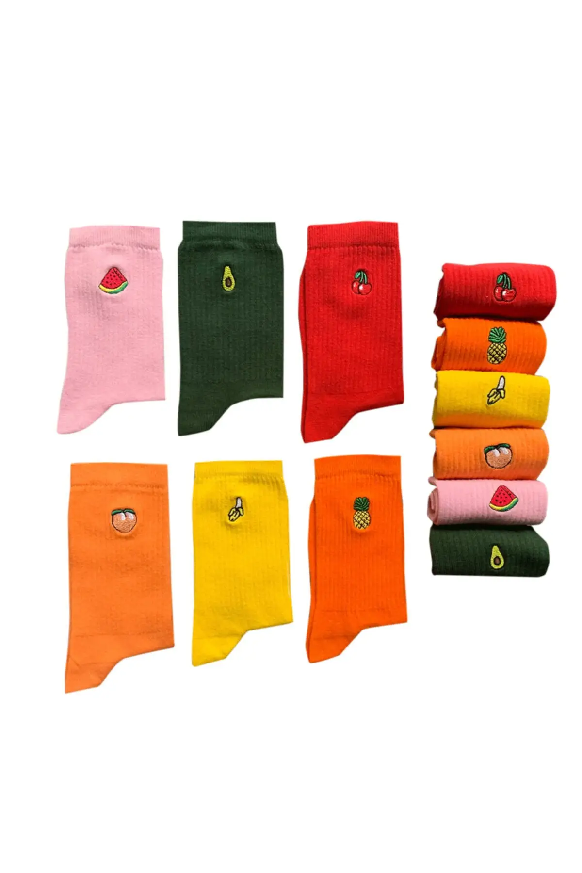 Fruit Embroidered Colorful Socks Box 6 pieces for women