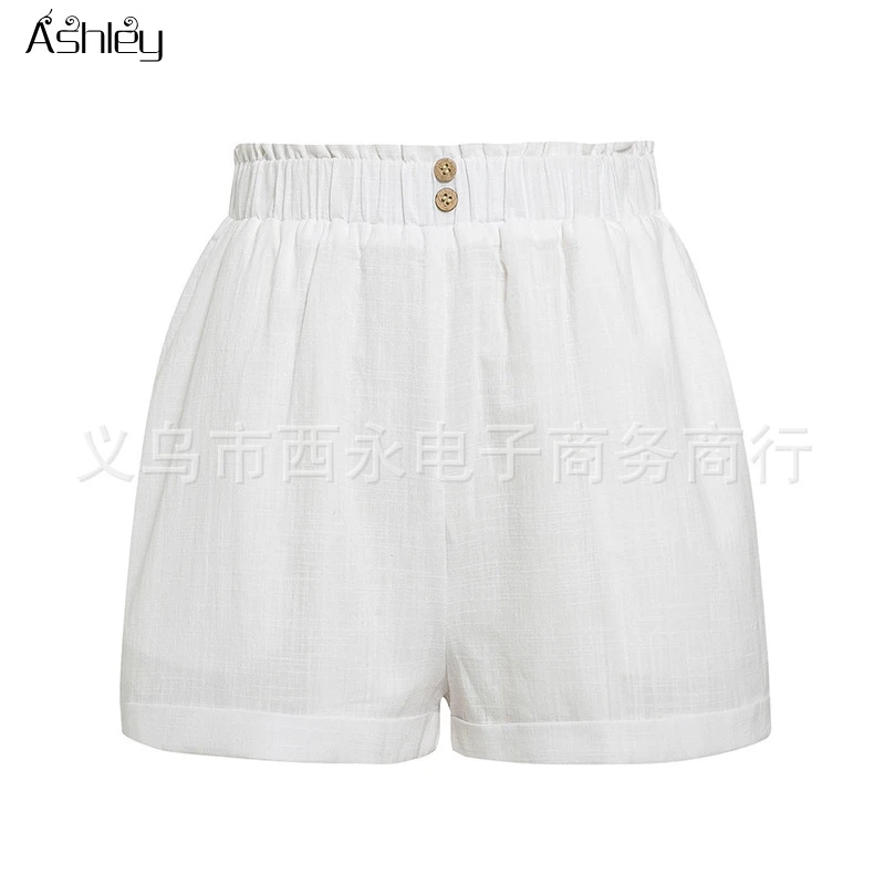 

Ashley Casual buttons summer women cotton shorts High waist female hot shorts Solid white soft ladies holiday streetwear shorts
