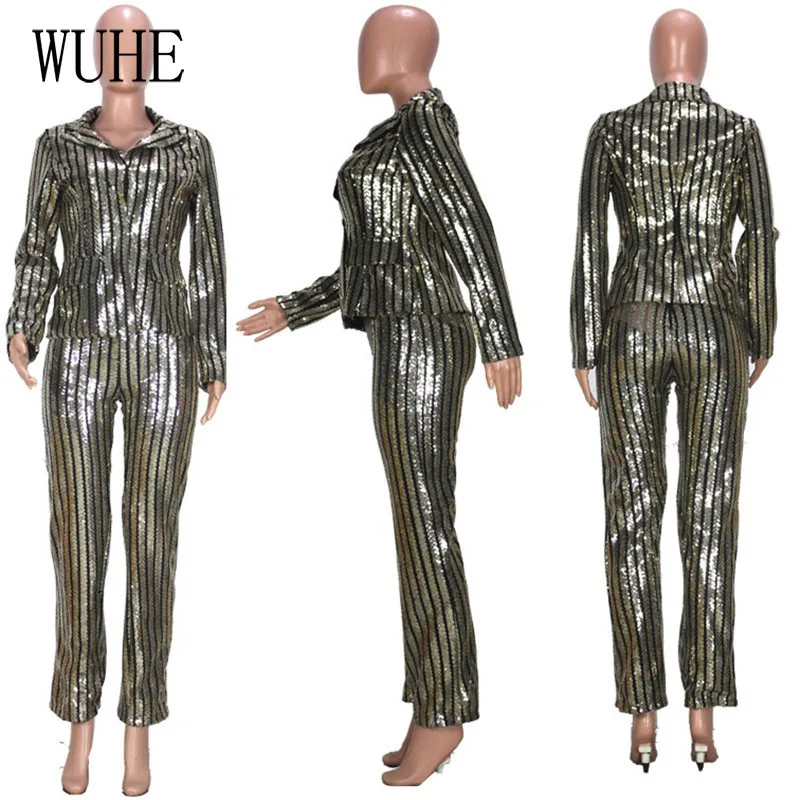 

WUHE Women Nightclub Two Piece Glitter Sequins Turn Down Collar Single Breasted Long Sleeve Coats+High Waist Pencil Pants Party