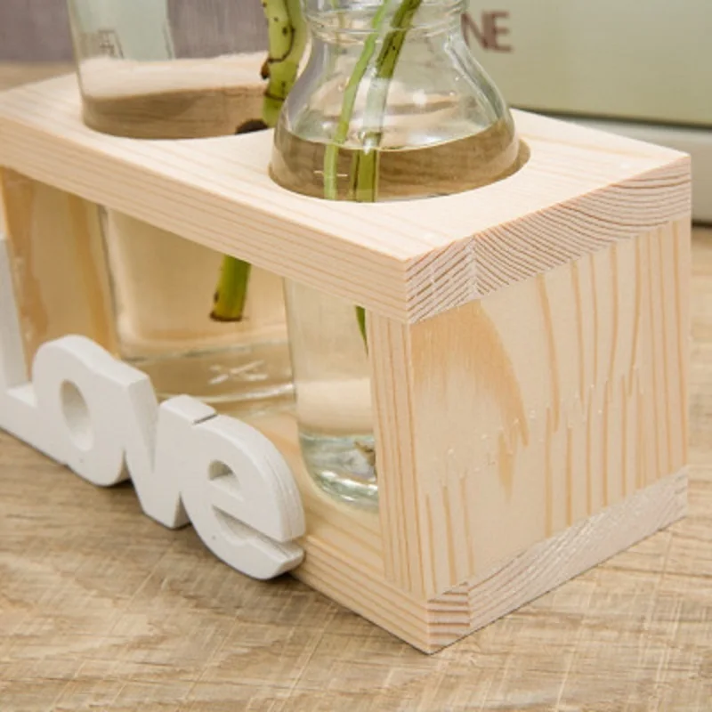 

Transparent Glass Vase Tabletop Vases Modern Wood Frame Bonsai Table Ornaments Glass &Wood Vase Planter Terrarium Table Desktop