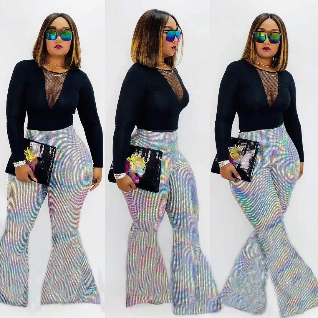 Fall High Waist Trousers Sequined Pants Casual Women Long Flare Pants Loose Wide Leg Pant