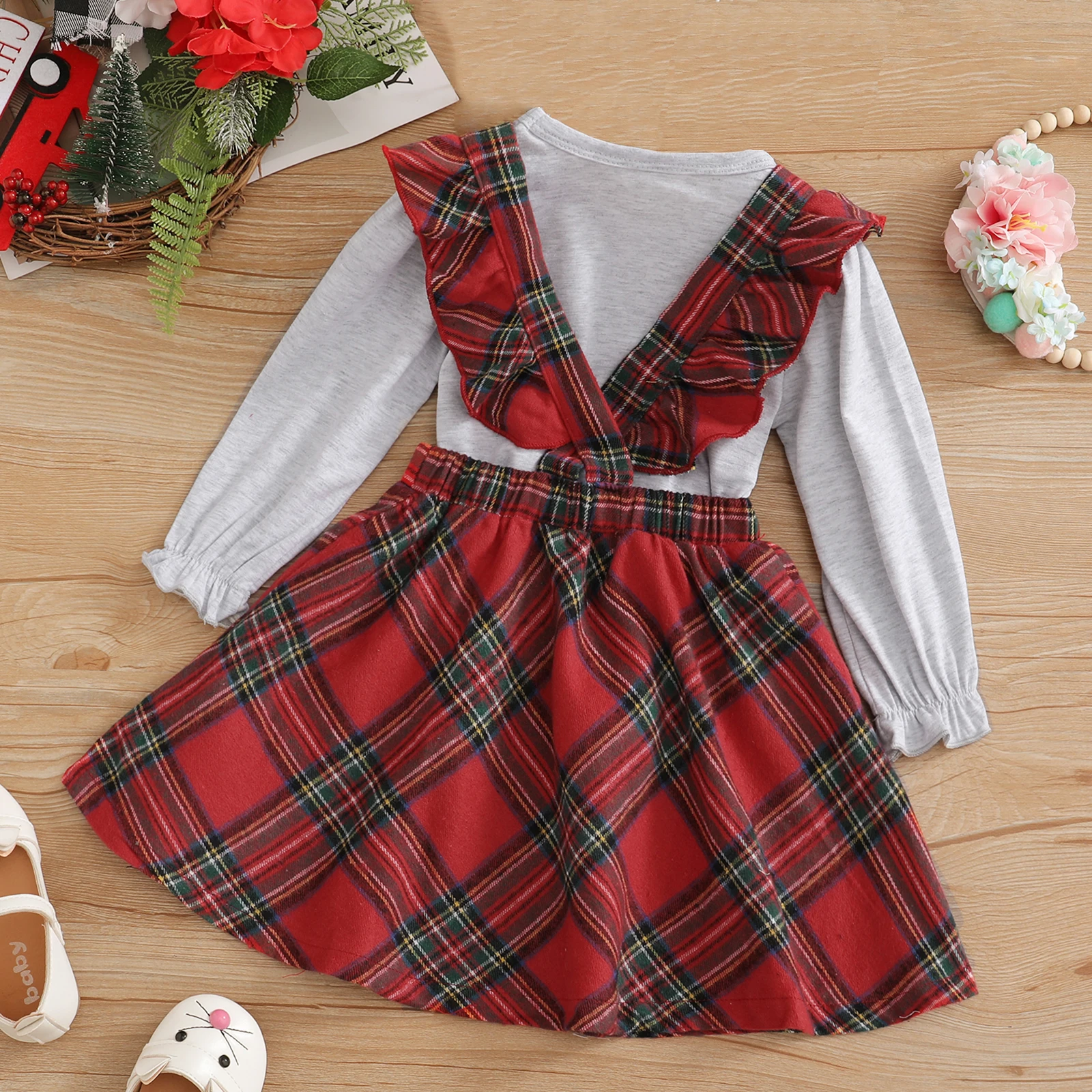 

1-6 Years Clothing Set 2 Pcs Toddler Christmas Outfits, Girls Elk Print Puff Sleeve Round Neck Pullover + Plaid Ruffle Suspender
