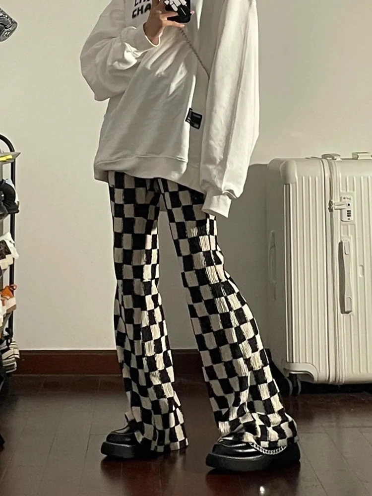 

Checkerboard Plaid Casual Pants Women 2022 Spring Autumn New Retro American Fashion High-Waisted Wild Long-Leg Flared Trousers