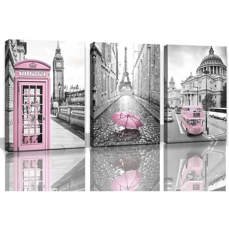 

Canvas Wall Art Black And White London Big Ben Eiffel Tower Pink Paris Theme Abstract Vintage Artwork For Girls Room Decor