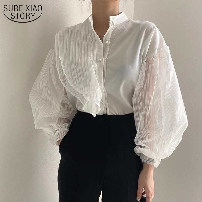 

2021 Korean See Through Blouse Women Fashion Sexy Loose Mesh White Blouse Women's Shirt Puff Long Sleeve Elegant Clothes 11256