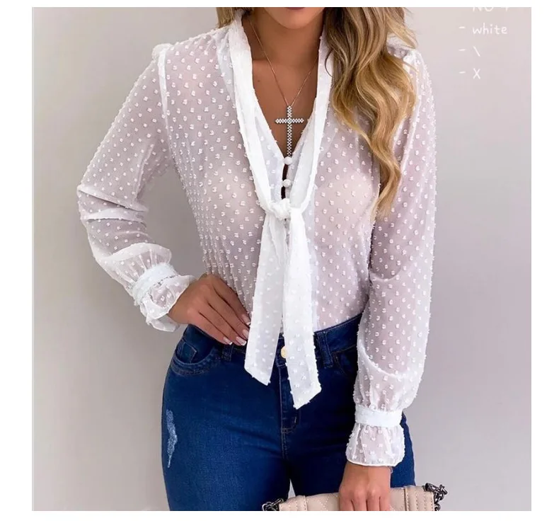

Fashion Elegant Women Chiffon Blouses Long Sleeve V-neck Shirt Office Blouse Slim Casual Tops Female Polka Dot Top