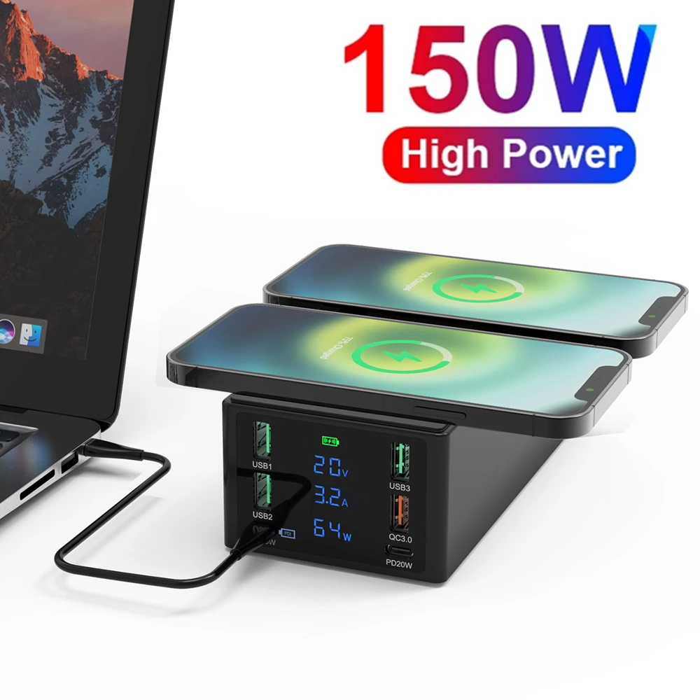 

150W Usb Charger Multi Qi Wireless Charger for IPhone 11 12 Pro Max PD 65W QC 3.0 Fast Charging Dock Station for Macbook Air Pro