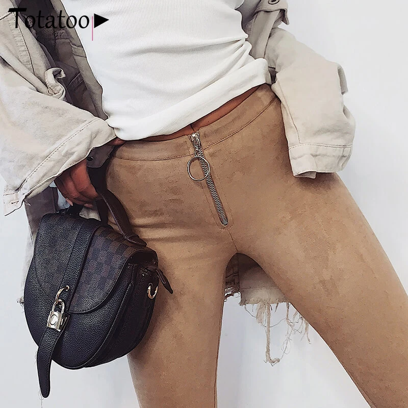 Женские замшевые брюки на молнии Totatoop эластичные облегающие с высокой талией