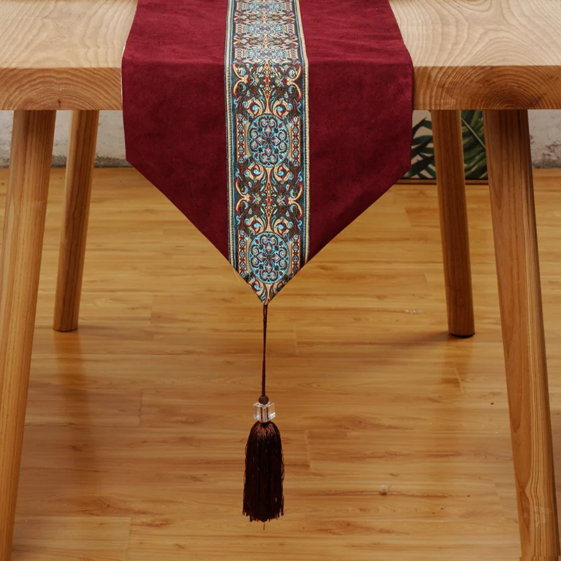 New Chinese Style Embroidery Solid Red Table Runner Simplicity Blue Flag Cover Decoration for Dining with Tassels | Дом и сад